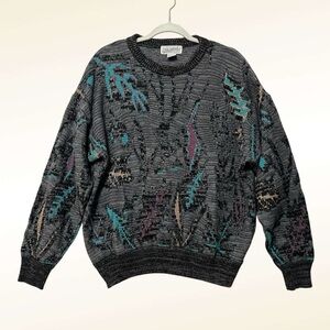 Vintage Method Men's Crewneck Sweater in Black and Teal Size Large Wool Acrylic